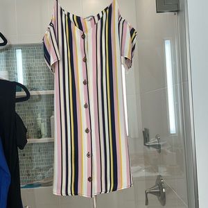 Striped pink navy yellow and white dress, off the shoulder sleeves, Never worn